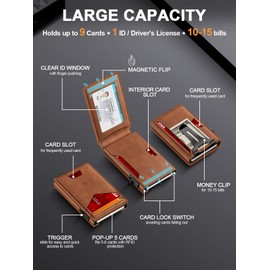 Ruiici Mens Wallet, Slim Wallet for Men with Money Clip, Minimalist RFID Blocking Pop Up Credit Card Holder 9-13 Cards, Front Pocket Bifold Leather Wallet with ID Window & Magnetic Closure (Brown)