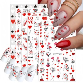 6Sheets Valentine's Day Nail Stickers 3D Self-Adhesive Nail Art Supplies Red Lovers Balloons Designs Sticker Romantic Nail Design Nail Stickers Decor for Women Girls Valentine's Day Nail Decorations