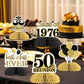 JOYMEMO 8Pcs 50 Year Class Reunion Honeycomb Centerpieces, Black and Gold 50th Reunion Decorations Table Centerpiece, Double-sided for Class of 1976 High School Reunion Welcome Back Party