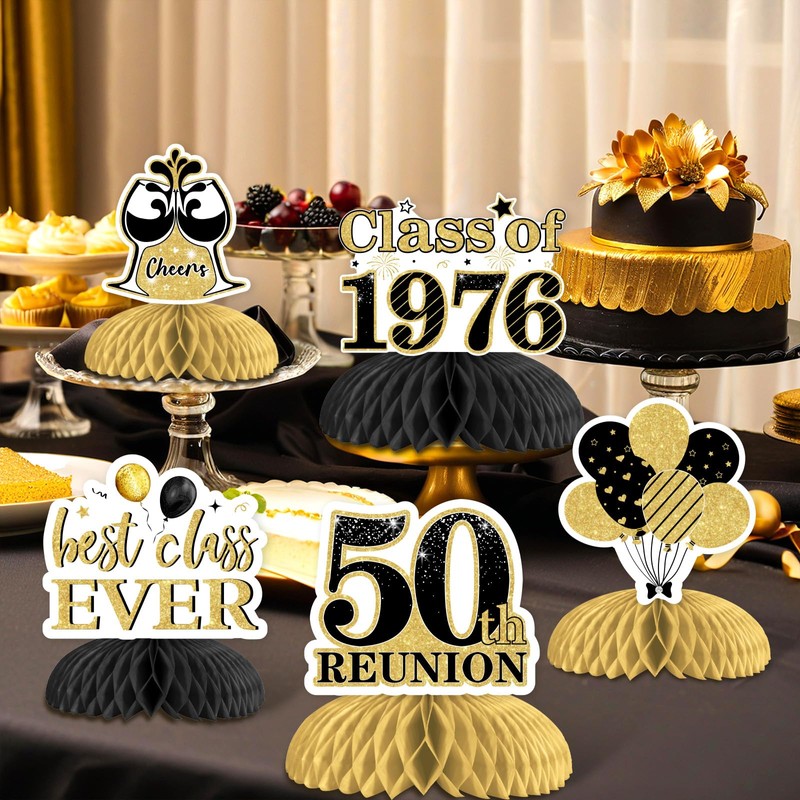 JOYMEMO 8Pcs 50 Year Class Reunion Honeycomb Centerpieces, Black and