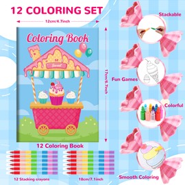 BenLouis 12 Donut Candyland Mini Coloring Books Kids with 12 Stacking Crayons Ice Cream Party Favors Small Activity Books Bulk for Kids Sweet Treats Desserts Birthday Party Gift Goodie Bag Stuffers