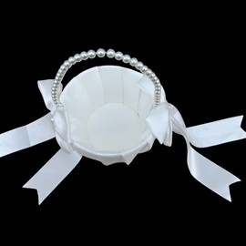 HE ANDI Elegant Wedding Flower Girl Basket with Pearl Handle, White Satin Bow, 13cm x 22cm (1)