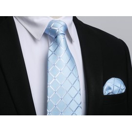 HISDERN Light Blue Ties for Men Plaid Checkered Tie and Pocket Square Cufflinks Tie Clip Set Silk Woven Men's Neckties Formal Business Wedding