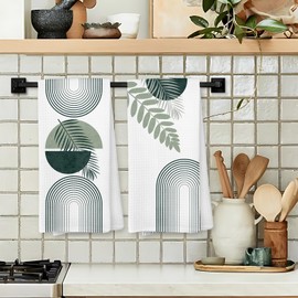 Giosve Green Boho Abstract Kitchen Towels, Boho Abstract Minimalist Botanical Decorative Hand Towels for Bathroom Decor, Mid Century Modern Decor Dish Tea Towel for Kitchen, 16x24 Inch Set of 2