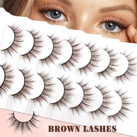 7 Pairs 3D Brown False Eyelashes Natural Look Fluffy Volume Curly Artificial Eyelashes Natural Look Reusable Handmade Faux Mink Makeup Eyelashes (B-H10)