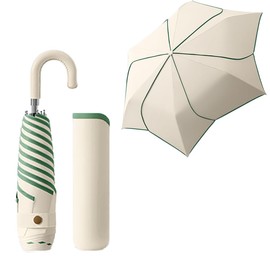 Petal Shape Travel Folding Umbrella with Hook Shaped PU Leather Handle/Lightweight Pocket Umbrella for Children Women/6 Ribs/Teflon Coating/Sun Protection/Outdoor UV/Bag Backpack, beige