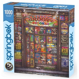 Springbok Groovy Records 1000 piece Jigsaw Puzzle for Adults features a colorful illustration of a classic record store