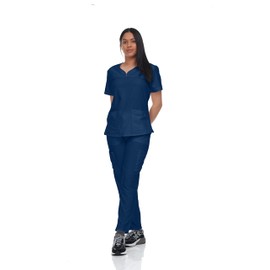 Flex Core New York Scrub Set Top and Pants with 4 Pockets Stretch Fabric Lightweight Nurse Uniform Set for Home Attendant (Caribbean, X-Large)