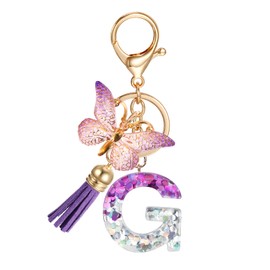 JSRQT Initial Letter G Keychain, Purple Sequins Resin Alphabet Letter Keyrings for Women Girls with Butterfly Tassel Pendant Design, Fashion Key Chain Bag Charm for Handbags Backpacks Car Key Decor