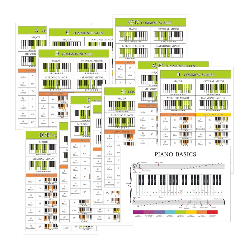14 Pcs Piano Chord Chart & Scale Poster Perfect for