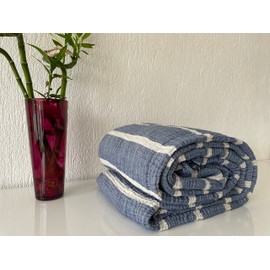 Muslin Blanket 100% Cotton, 4 Layers Bedspread, Soft Turkish Cotton Muslin Bed Cover, Reversible Coverlet, Striped İndigo Blue (Throw 40x71-120x180cm)
