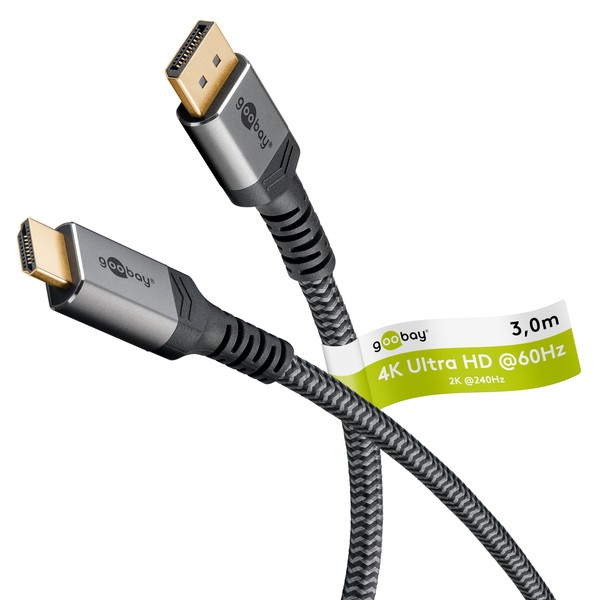 goobay 65270 DisplayPort 1.2 to HDMI 2.0 / Resolutions of up to 4K @ 50/60 Hz / Data Transfer Rate of 18 Gbps / Cable is Directional Bound / Gold-Plated Connectors Prevent Corrosion / Grey / 3 m