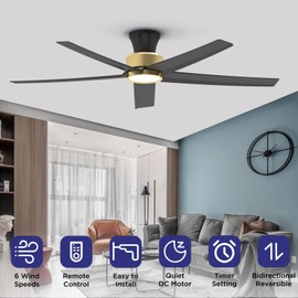 ocioc 52 inch Ceiling Fans with Lights, Large Air Volume Ceiling Fans with Reversible Quiet DC Motor and Remote（Black-Gold）