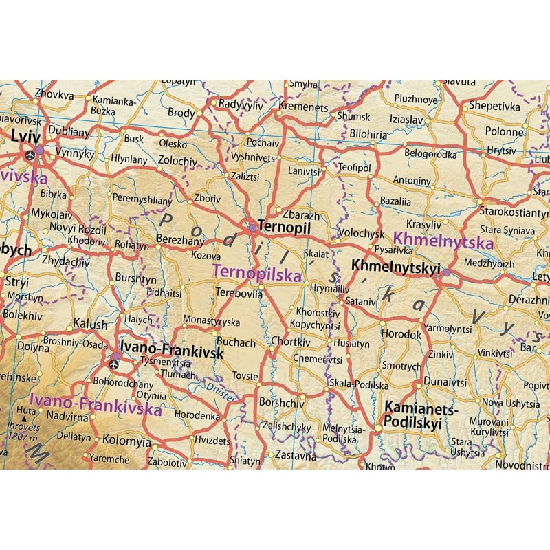 Detailed Ukraine Physical Map - 23.3 x 33.1 Inches -