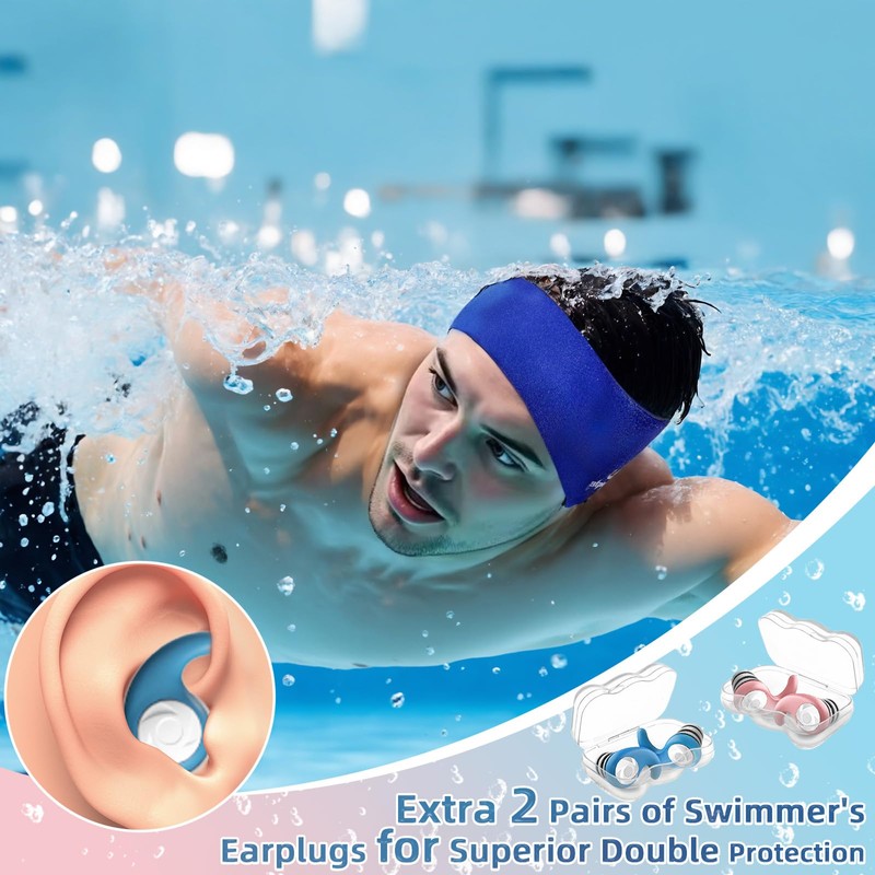 Swimming Headband for Adults - 2 Pairs Waterproof Ear Plugs
