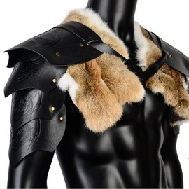 Viking Fur Shoulder Armor,Medieval Faux Leather Armor Renaissance Accessories Knight Double Pauldron for LARP/Cosplay Ren Faire Black