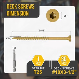 DTGN #10x3-1/2" Deck Screws - 30Pack - Good for Decks, Fences, Frames, Farms, Outdoor Furniture - Carbon Steel Wood Screws W/ T25 Torx Star Drive Bit - Tan