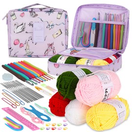 Aeelike - Kit de ganchillo para principiantes todo en uno, 59 piezas de kit de inicio de ganchillo para adultos y niños, kit básico de ganchillo y suministros de punto para principiantes, kit de ganchillo de viaje pequeño con bolsa de almacenamiento mora