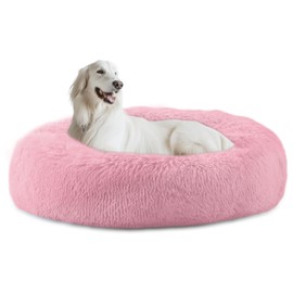 Bunlitent 39'' inch Calming Dog Bed, Anti-Anxiety Donut Bed for Medium Large Dogs, Warming Cozy Soft Cute Round Washable, Marshmallow Cuddler Nest Puppy Dogs and Cats Bed,Pink