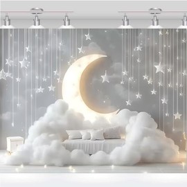 Indoor Boho Newborn Children Golden Glowing Moon Silver Glittering Stars White Clouds Portrait Backdrops Baby Shower Starry Themed Party Decoration (C, 7 * 5feet)
