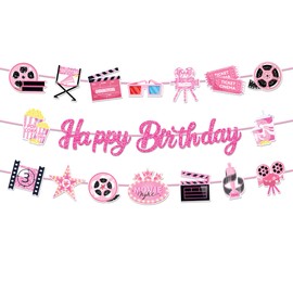 Pink Movie Night Birthday Banner & Decor Kit - Popcorn Camera Film Theme Party Supplies for Girls, Baby Showers, Theater Theme Decorations (Happy Birthday Sign + 16 Cards)