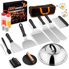 18Pcs Griddle Accessories Kit (with Basting Cover), Joyfair Stainless Steel Flat Top Grilling Spatula Accessory Tools Set with Melting Dome Burger Press, for Outdoor BBQ Teppanyaki Hibachi Cooking