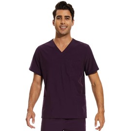 COZYFIT Scrub Top for Men - Stretch V-Neck Scrubs with 3 Pockets, Anti-Wrinkle - Dark Purple, M
