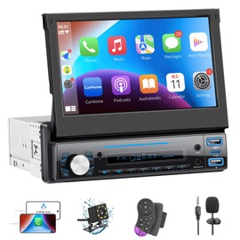 LSLYA Single Din Car Stereo with Carplay ＆ Android Auto,7 Inch Flip-Out Touchscreen Car Radio with Bluetooth,Mirror Link,Backup Camera,Support FM Outputs Type-C Charge USB AUX-in