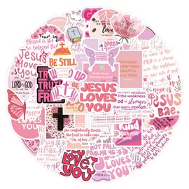 55Pcs Bible Stickers for Laptop Jesus Loves You for Kids Adult,Pink Bible Stickers Water Bottle Waterproof Vinyl Notebook Luggage Skateboard Deals for Women (Pink Bible)