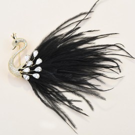 Elegant Black Cubic Zirconia Crystal Swan Bird Brooch Pins Breastpin Bouquet Wedding Jewelry Pendant for Women Bridal Gift (Black Feather)
