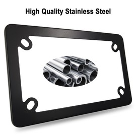 FBJTDQ Motorcycle License Plate Frame- Black Matte Stainless Steel Bike Tag Plate Holder, 4 Holes Heavy-Duty Metal Bracket 1 Pack, with Mounting Hardware Screws Nuts Caps