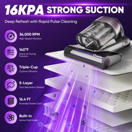 Mattress Vacuum Cleaner, Handheld Bed Vacuum Cleaner with 16KPa Suction UVC Light, 140°F Heated Air, HEPA Filter, Aroma Function, 16.4FT Cord for Cleaning Bed, Sofa, and Couch