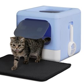 CAPHAUS Foldable Cat Litter Box with Lid for Kitten, Two-Way Entry & Exit Small Cat Box with Scoop, Cat Mat and Odor Fitter, Drawer Type Litter Pan for Easy to Clean, Blue