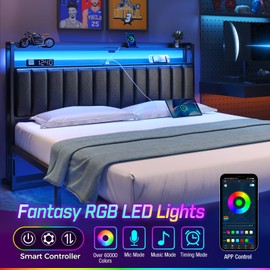 Rolanstar Headboard for King Size Bed with Storage, 60,000 DIY Color of LED Light, Head Board with USB & Type C Port, Height Adjustable, Black Upholstered Cabeceras de Cama Comfortable Modern, Leather