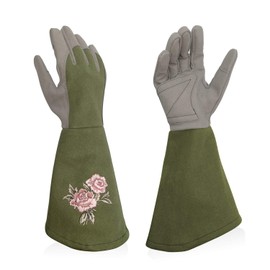 Intra-FIT Garden Gloves, Rose Gloves, Gardening Gloves, Long Sleeve, Synthetic Leather, Soft, Grip, Thorn-Proof, Fit, Floral Pattern, Olive, Large