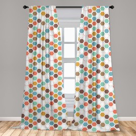 Lunarable Mid Century Window Curtain Panels 4 Pack, 1950's Modern Colorful Honeycomb Rhythmic Print, Lightweight Set with Rod Pocket, 4 Panels of - 28"x84", Multicolor