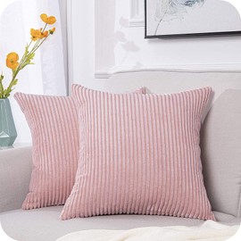 Topfinel Set of 2 Striped Corduroy Square Throw Pillow Case Soft Cushion Covers for Sofa Couch Bedroom Decorative Fluffy Large Pillowcases 18x18 Inch 45x45cm Pink