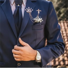 Brooch for Men Suit Crown Tassel Chain Brooch Pink Crystal Cross Crown Badge Vintage Corsage Lapel Pin Badge Coat Suit Collar Accessories Brooch (Gold Cross)