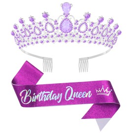 Queenship Birthday Tiara Crown with Sash for Women, Birthday Sash for Adult Women Birthday Queen Party Purple