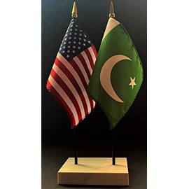 Made in USA. 1 American and 1 Country Miniature Rayon 4"x6" Office Desk & Little Hand Waving Table Flags, Includes 2-Hole White Flag Stand and 2 Deluxe Small 4"x6" Mini Stick Flags (Pakistan)