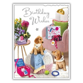 Female Birthday Card for Her - General Card for Women - Dog Design - Cocker Spaniel Puppies and Flowers - Special Finishes and Illustrated Insert Leaf - Made in the UK