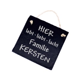 Door Sign Name Plate Engraved Slate - Hier lebt liebt lacht Familie Desired Name - Bell Sign Sign 11 x 11 cm | Dekolando