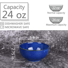 Bosmarlin Ceramic Soup Bowl Set of 4, 24 Oz, Cereal Bowl for Oatmeal, Dishwasher and Microwave Safe (5.75 Inches, Royal blue)
