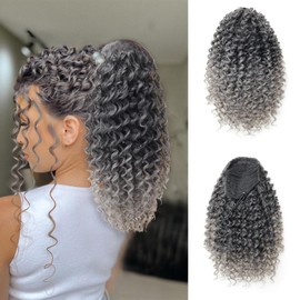 YXCHERISHAIR Ponytail Extension,Curly Wavy Ponytail Ombre Grey Drawstring Ponytail Hair Extensions for Women Natural Wavy Synthetic Hairpiece for African Women Daily Use party(1B/Grey,14inch)