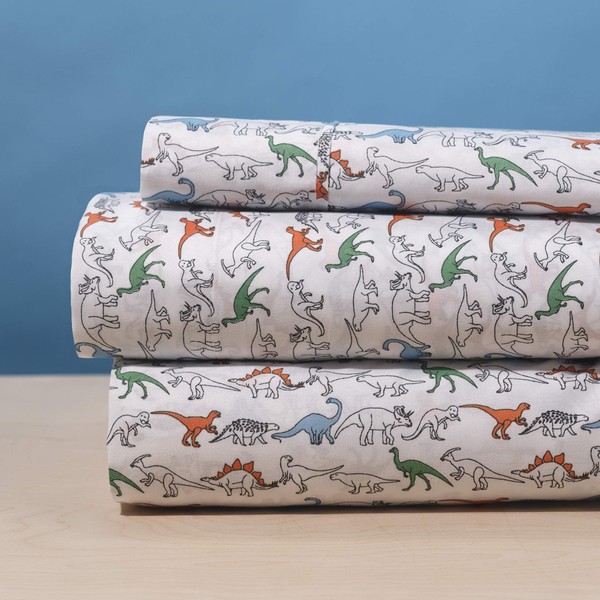 Elegant Home White Orange Green Dinosaurs Design 3 Piece Printed Sheet Set with Pillowcase Flat Fitted Sheet for Boys/Kids/Teens # Dinosaur (Twin Size)