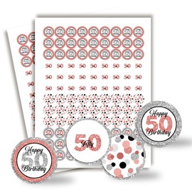 Confetti Rose Gold Polka Dot 50th Birthday Party Kiss Sticker Labels, 300 Party Circle Sticker, Sized 0.75” for Chocolate Drop Kisses by Amanda Creation, Great for Party Favors, Envelope Seals &