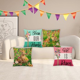 Easter Throw Pillow Covers 22x22 Set of 4 Spring Pillow Covers He is Risen Easter Religious Cross Bunny Eggs Hunt Cushion Decorative Covers Pillow Cases for Home Outdoor Sofa Couch Decoration 22by22
