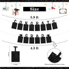 Congrats Grad Photo Banner Graduation Paper Photo Frame High School College Graduation Bunting Decorations Class of 2025 Picture Banner Black Glitter