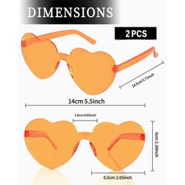 QLEUIFT 2 pieces heart-shaped sunglasses, multicoloured, rimless, heart-shaped glasses, fashion, heart, oversized fashion sunglasses, eyewear for women, orange