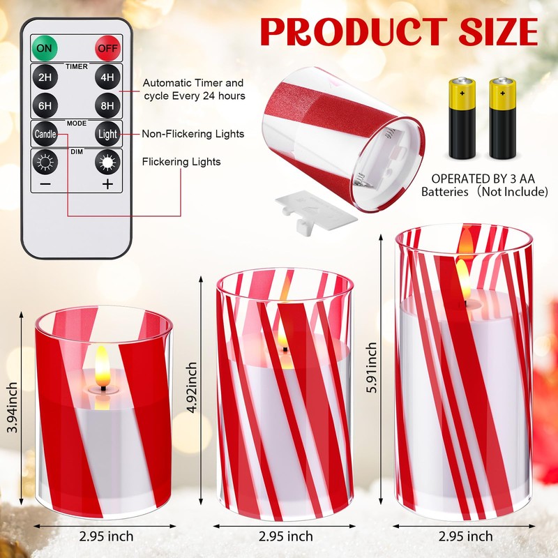 Glooglitter 3 Pcs Candy Cane Flameless Candles with Remote Timers